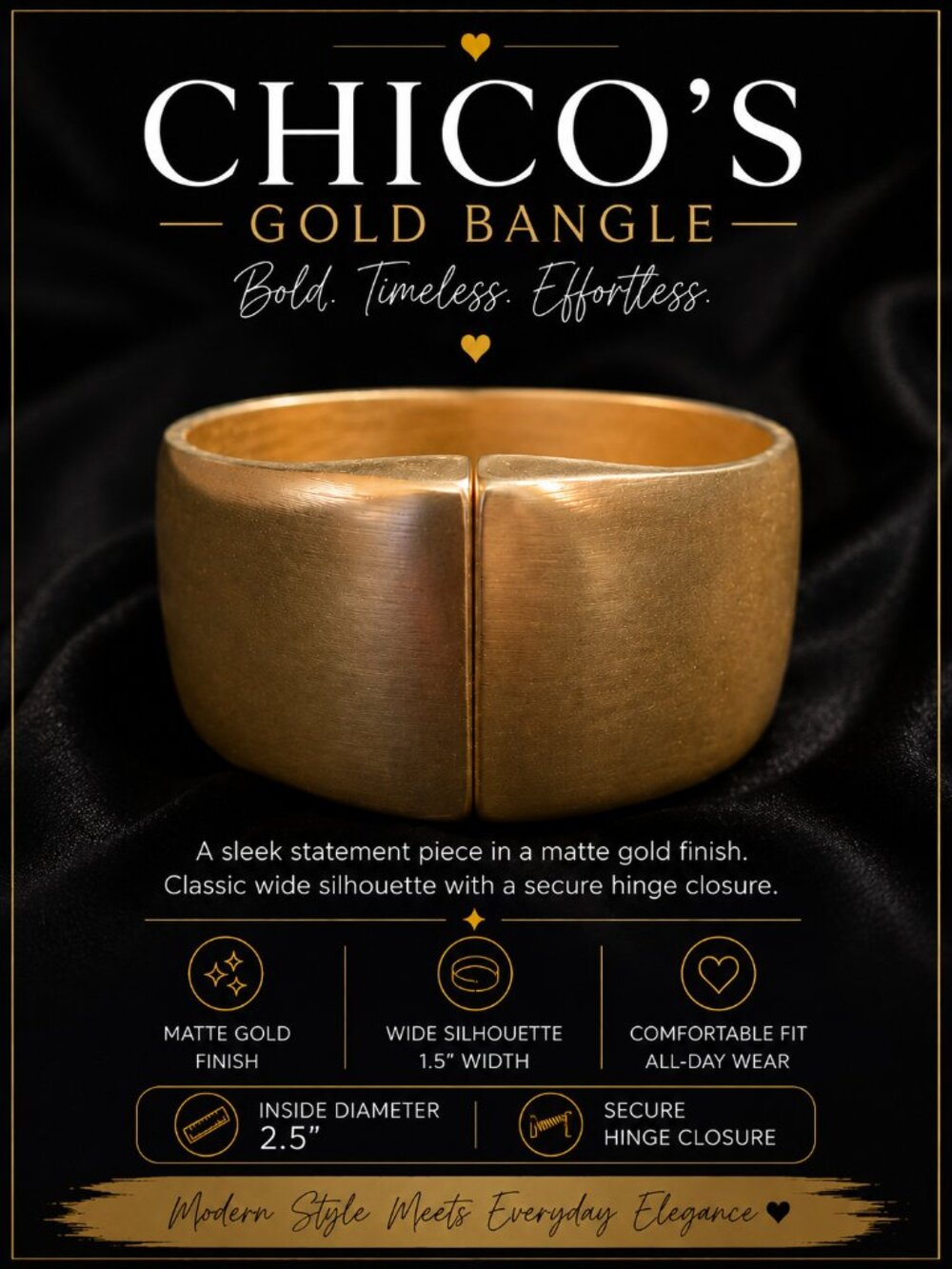 Chico's Matte Gold Wide Hinge Bangle Bracelet NWT | Modern Statement Cuff | 2.5"